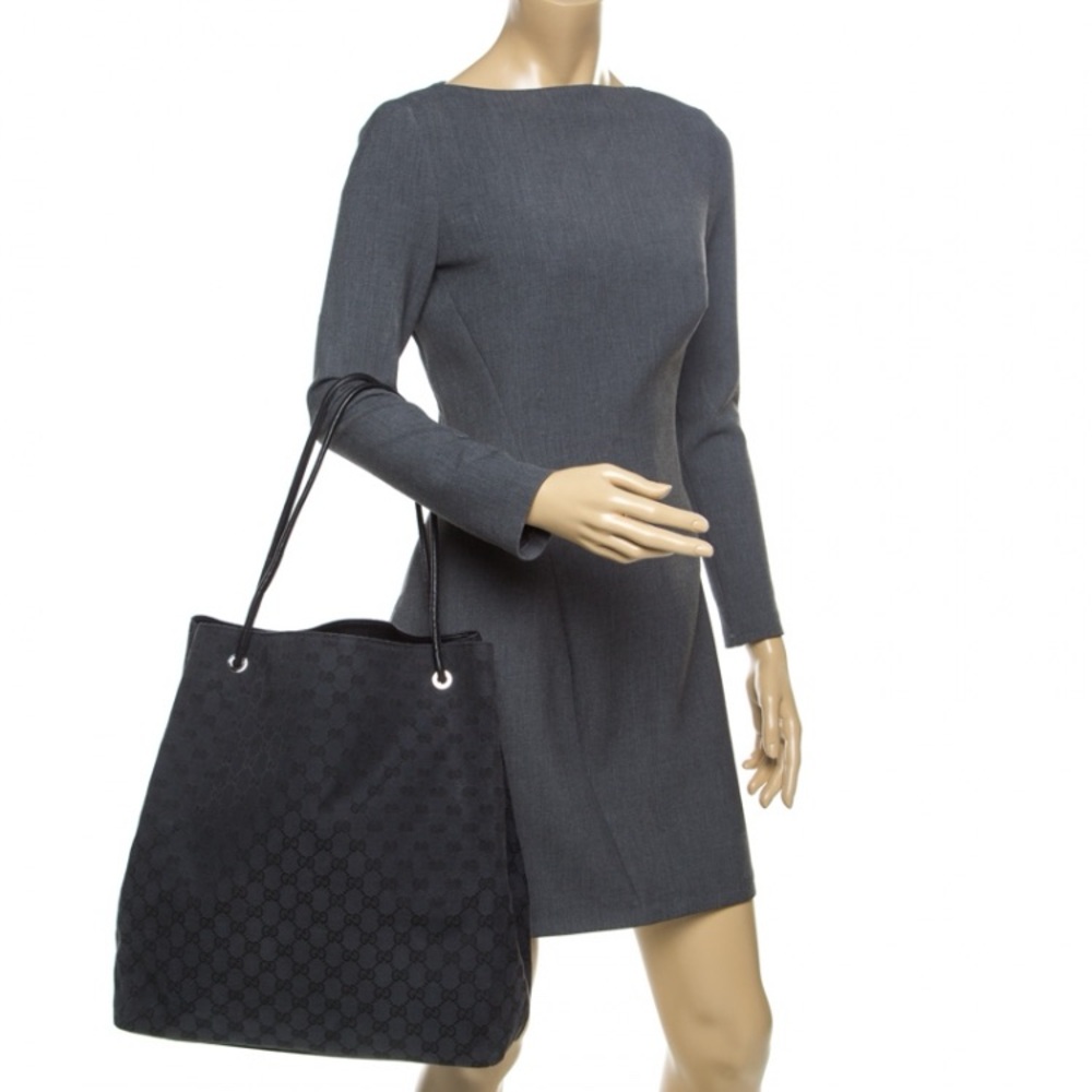 Authentic Gucci Black GG Monogram Nylon Tote Bag Leather Handles Italy
